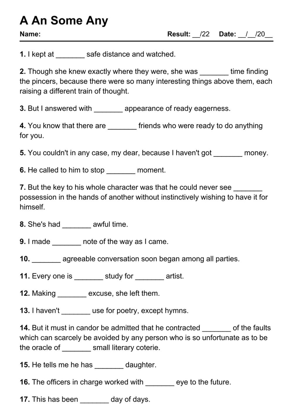 Printable A An Some Any Exercises - PDF Worksheet with Answers - Test 82