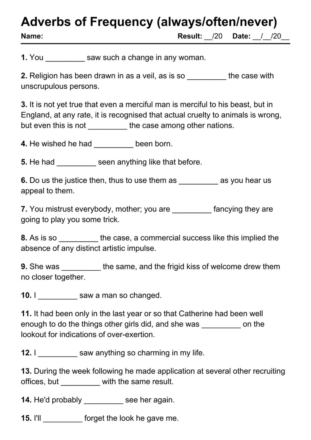 Printable Adverbs of Frequency Exercises - PDF Worksheet with Answers - Test 15