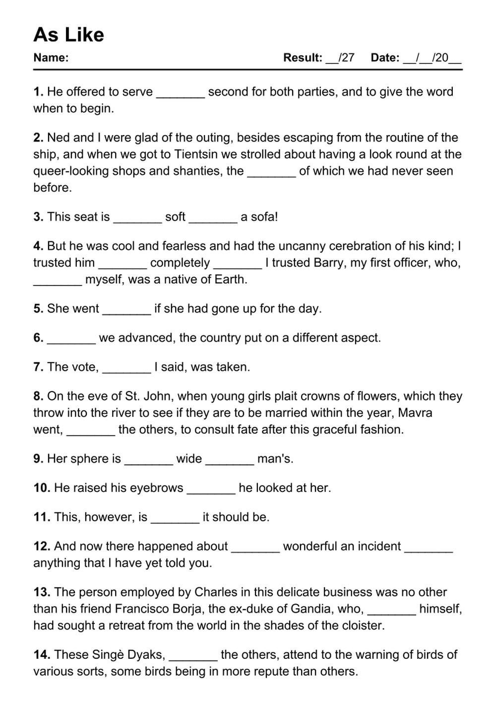 Printable As Like Exercises - PDF Worksheet with Answers - Test 68