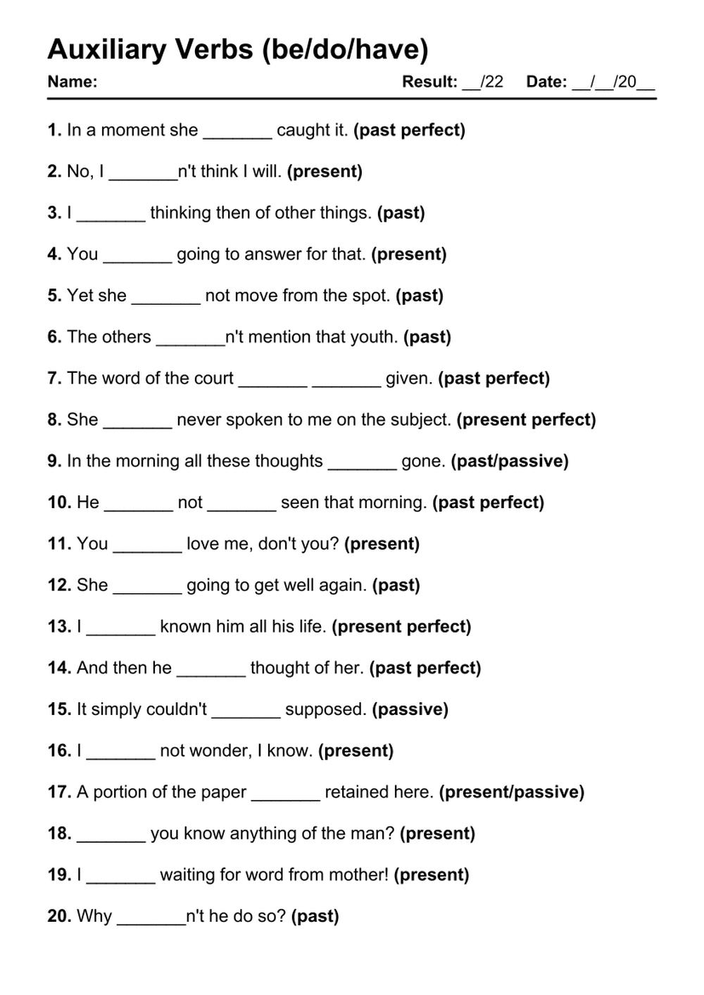 Printable Auxiliary Verbs Exercises - PDF Worksheet with Answers - Test 19