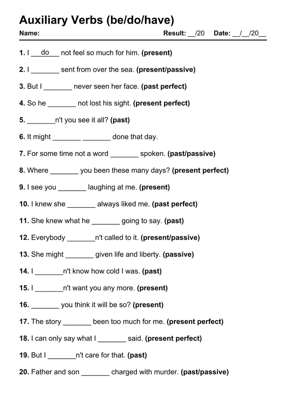 Printable Auxiliary Verbs Exercises - PDF Worksheet with Answers - Test 3
