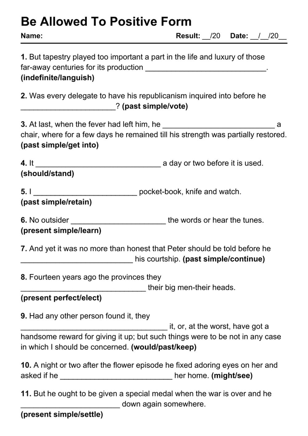 Printable Be Allowed To Positive Exercises - PDF Worksheet with Answers - Test 52