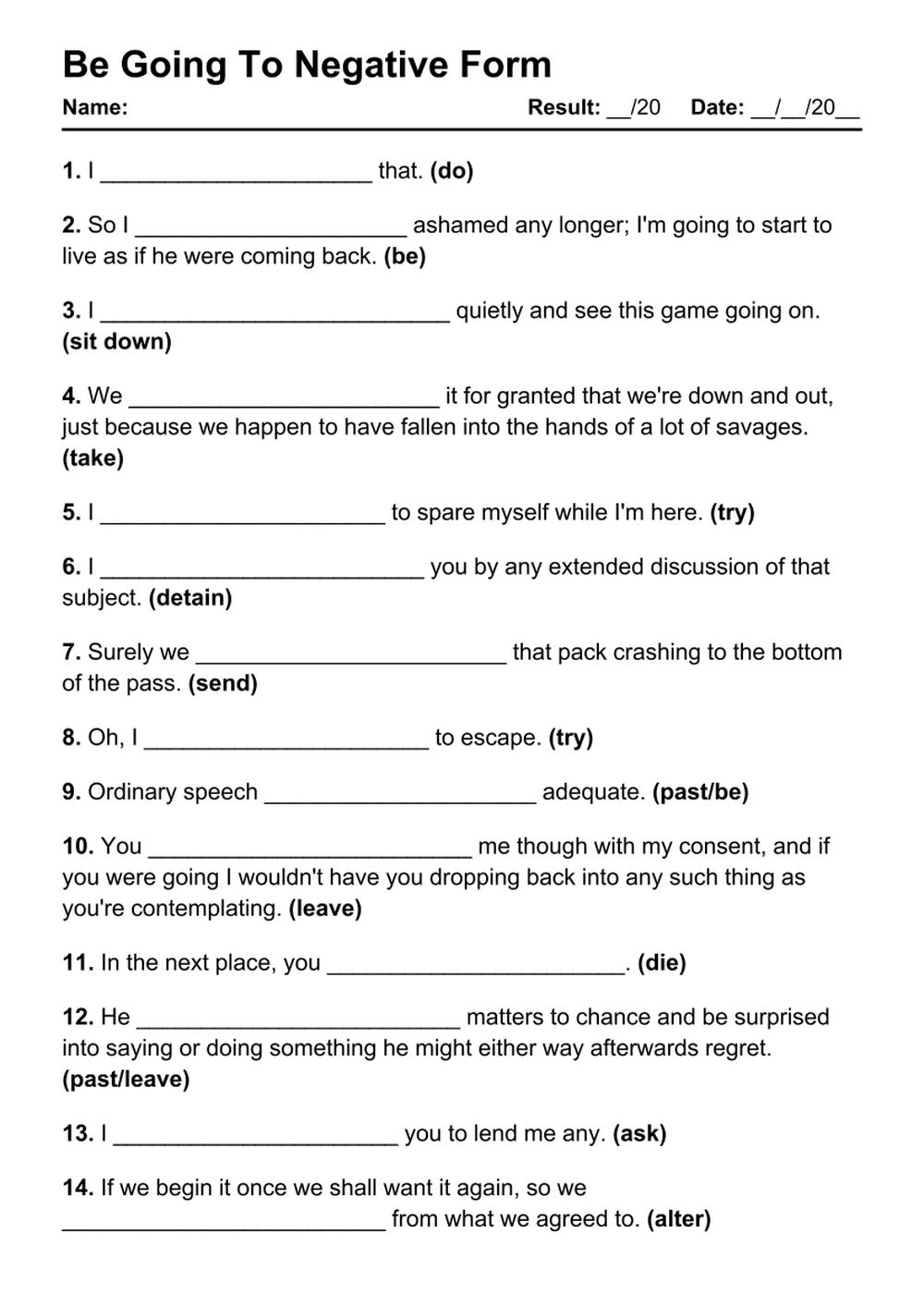 Printable Be Going To Negative Exercises - PDF Worksheet with Answers - Test 13