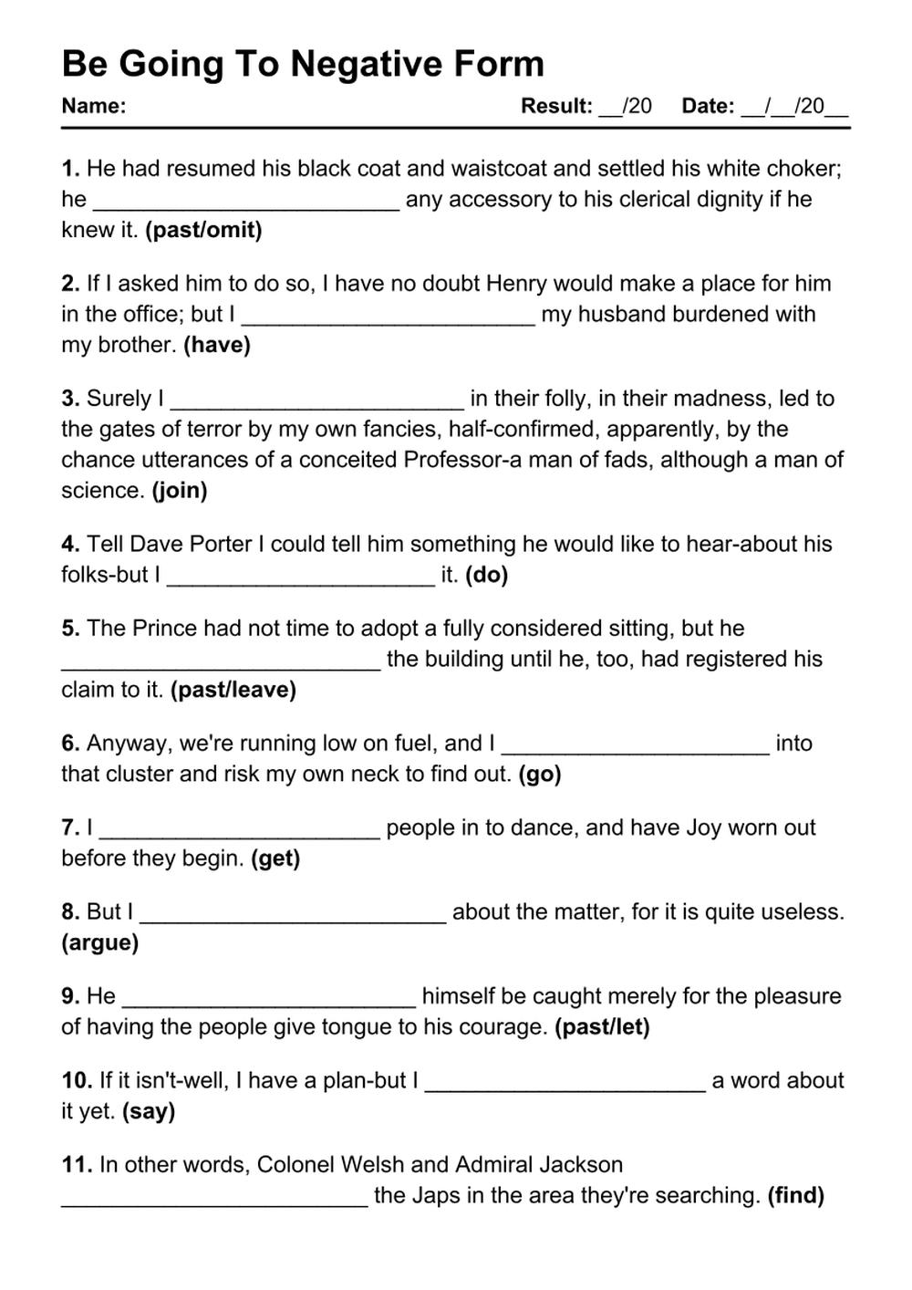 Printable Be Going To Negative Exercises - PDF Worksheet with Answers - Test 94