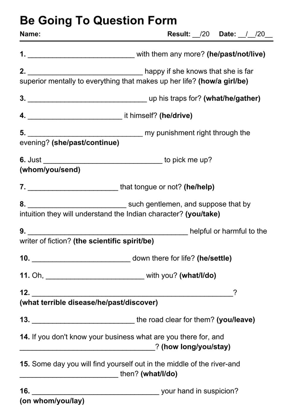 Printable Be Going To Question Exercises - PDF Worksheet with Answers - Test 25