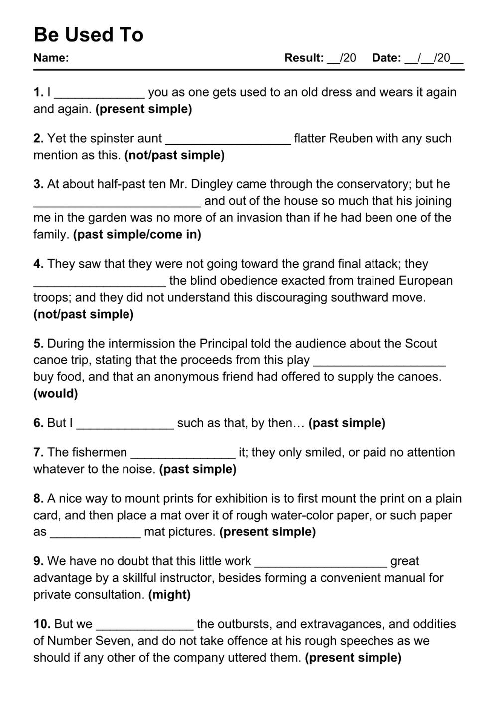Printable Be Used To Exercises - PDF Worksheet with Answers - Test 10