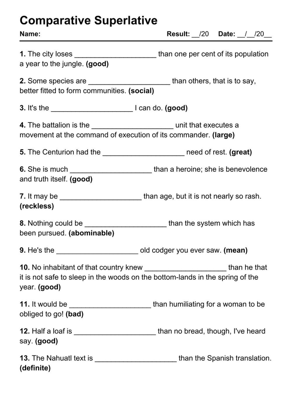 Printable Comparative Superlative Exercises - PDF Worksheet with Answers - Test 95
