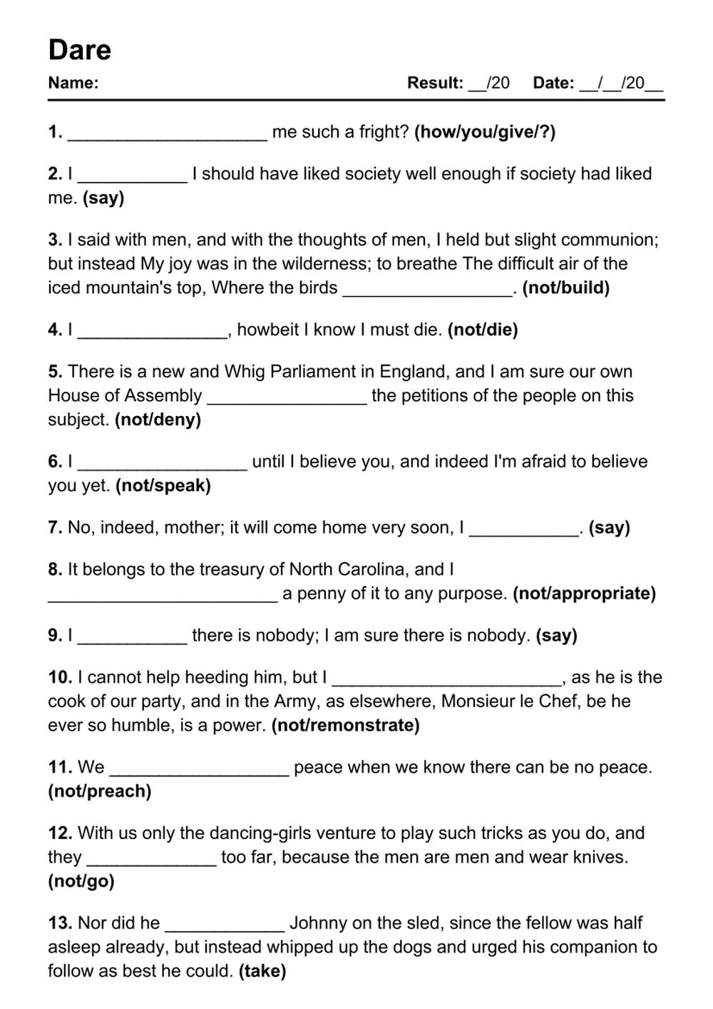Printable Dare Exercises - PDF Worksheet with Answers - Test 32
