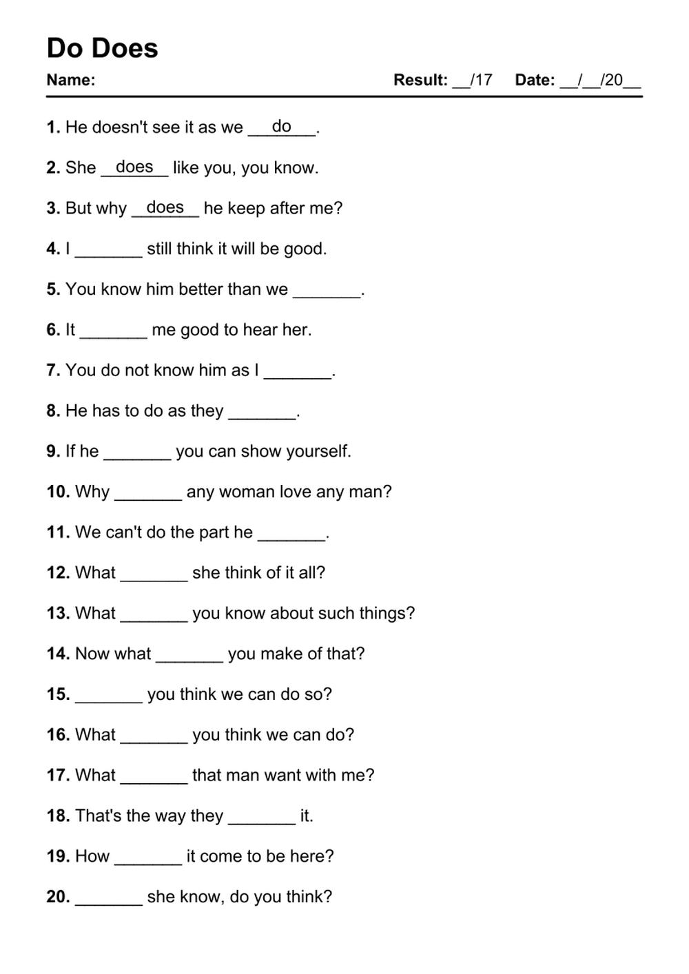Printable Do Does Exercises - PDF Worksheet with Answers - Test 1