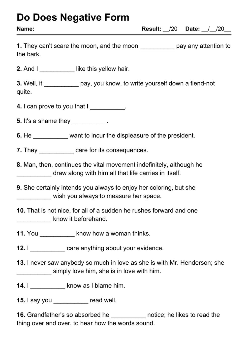 Printable Do Does Negative Exercises - PDF Worksheet with Answers - Test 82