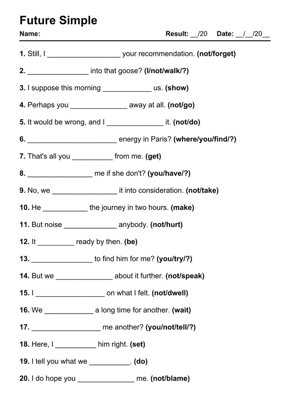 Printable Future Simple Exercises - PDF Worksheet with Answers - Test 49
