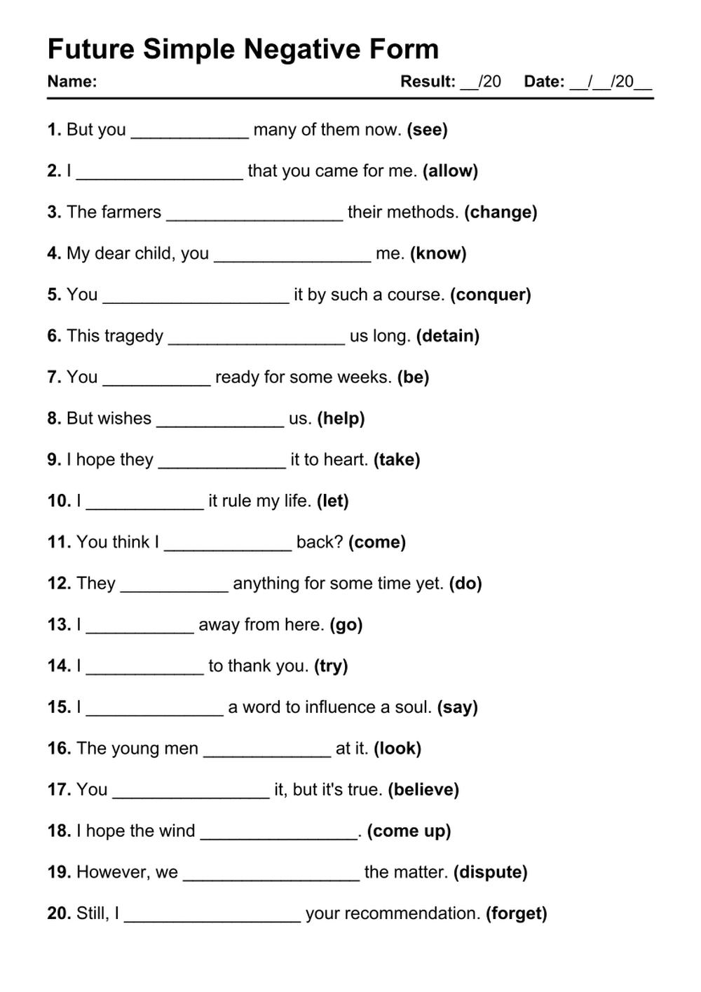 Printable Future Simple Negative Exercises - PDF Worksheet with Answers - Test 24
