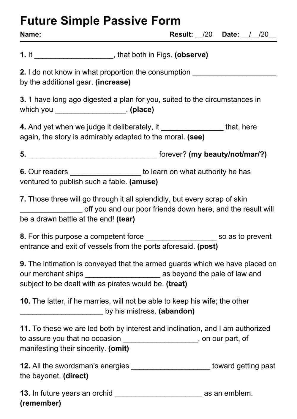 Printable Future Simple Passive Exercises - PDF Worksheet with Answers - Test 47