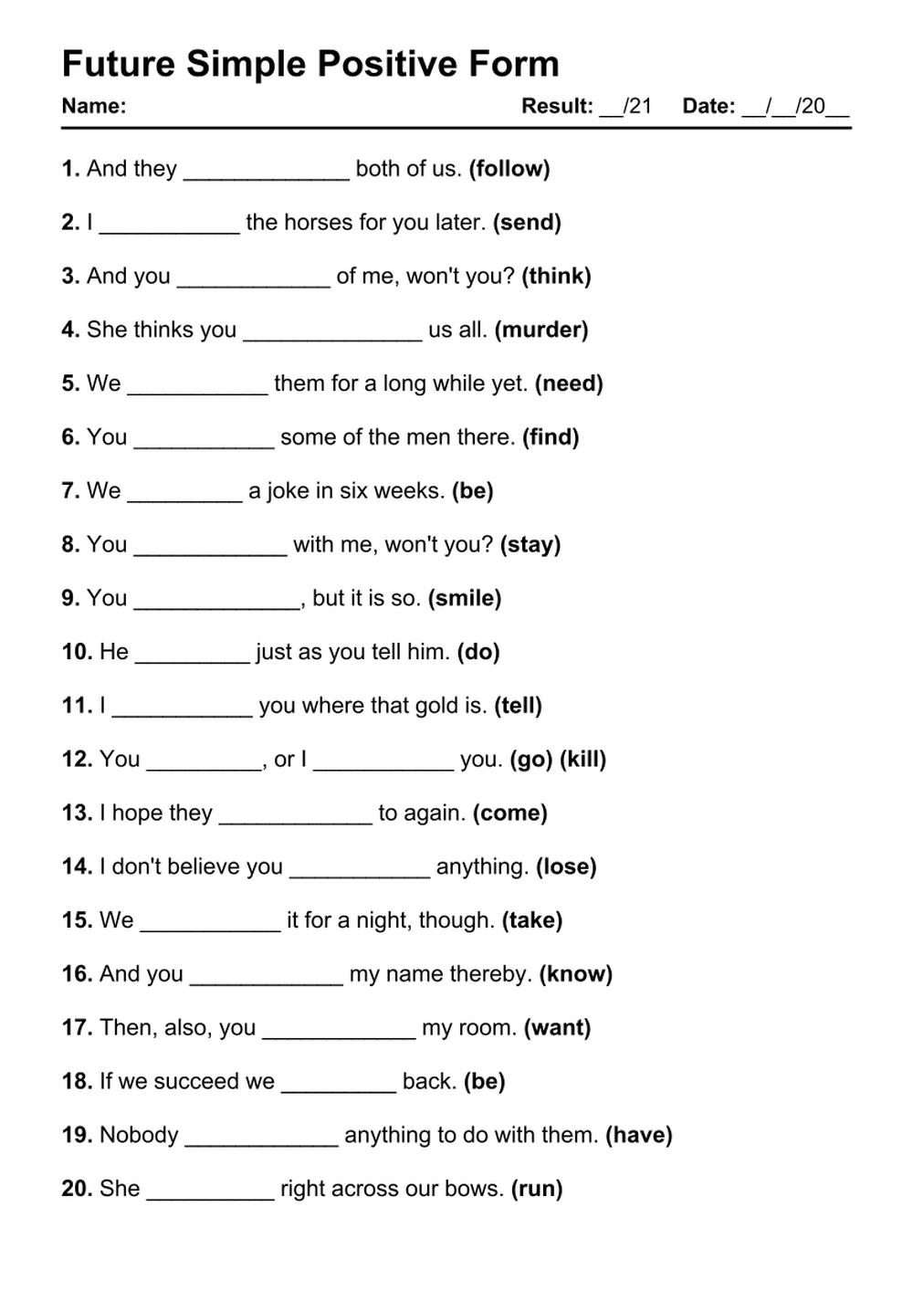 Printable Future Simple Positive Exercises - PDF Worksheet with Answers - Test 77