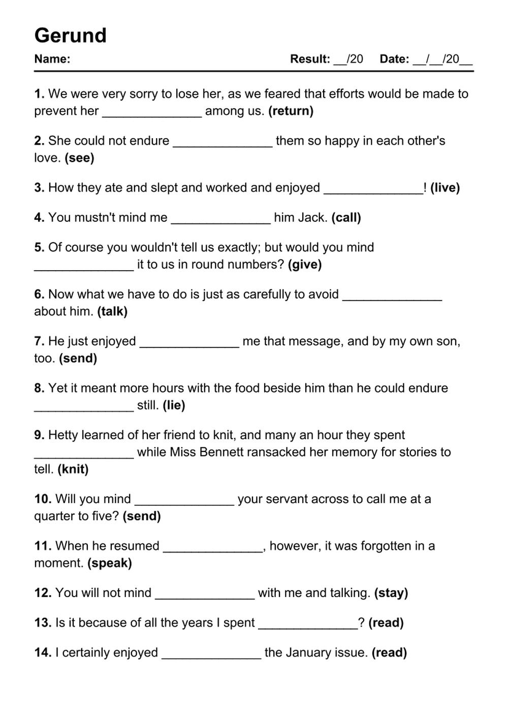 Printable Gerund Exercises - PDF Worksheet with Answers - Test 20
