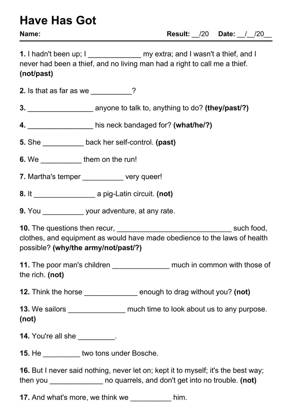 Printable Have Has Got Exercises - PDF Worksheet with Answers - Test 16