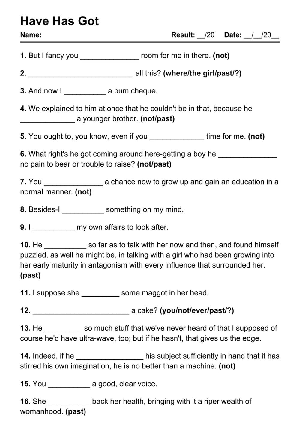 Printable Have Has Got Exercises - PDF Worksheet with Answers - Test 45