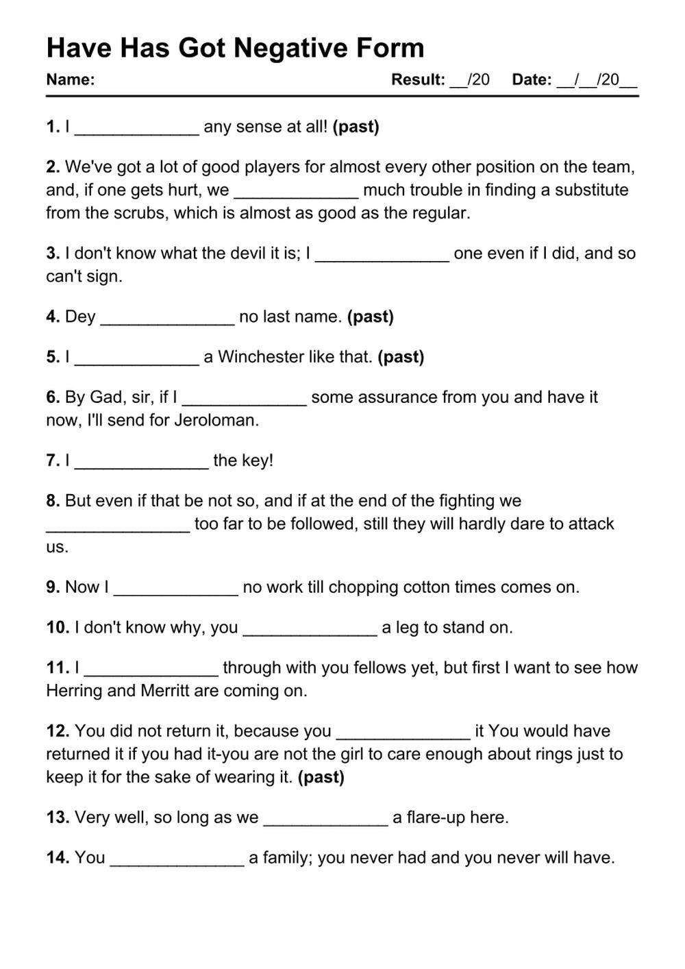Printable Have Has Got Negative Exercises - PDF Worksheet with Answers - Test 48