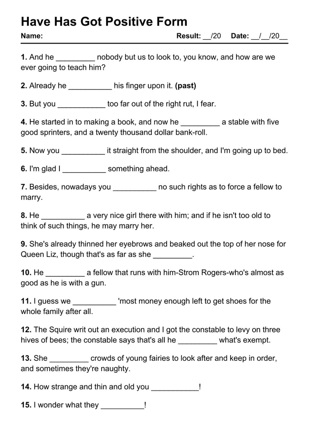 Printable Have Has Got Positive Exercises - PDF Worksheet with Answers - Test 99
