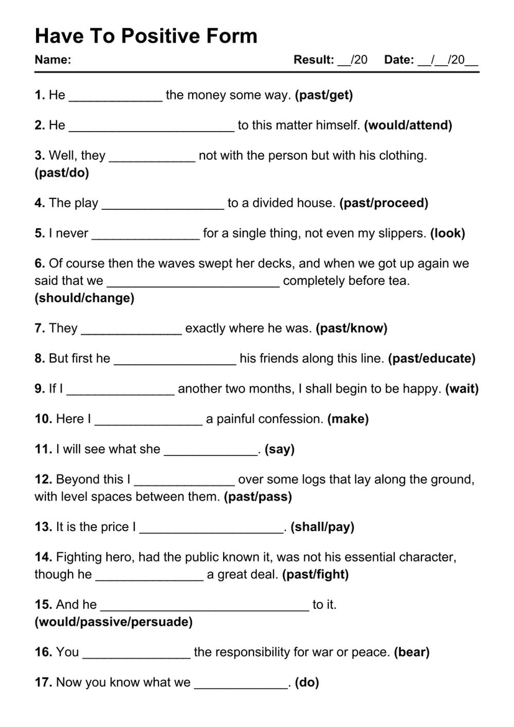 Printable Have To Positive Exercises - PDF Worksheet with Answers - Test 23