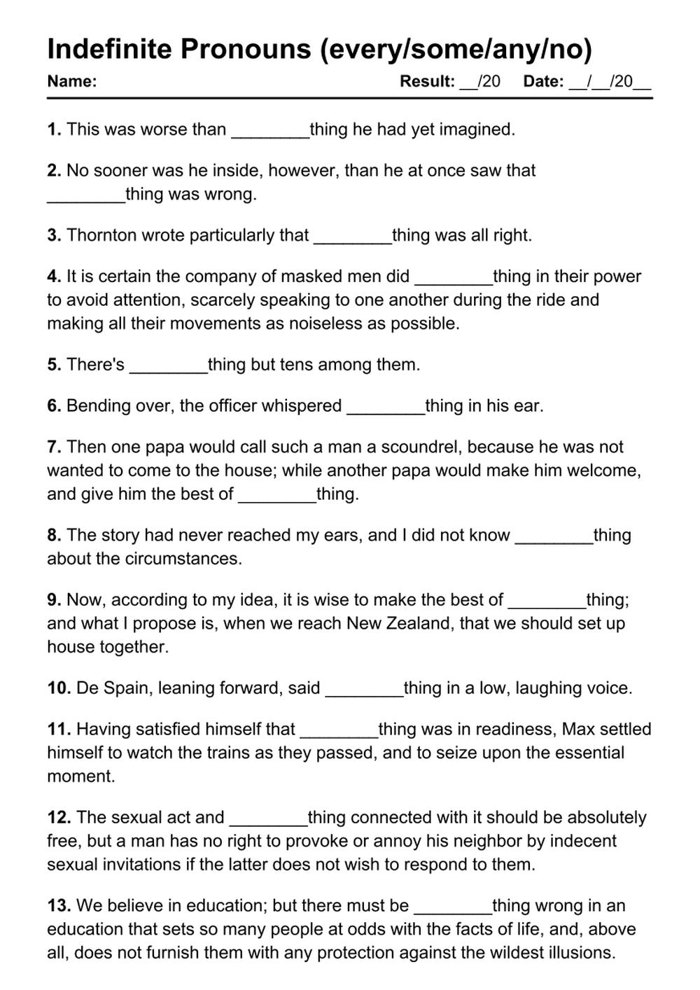 Printable Indefinite Pronouns Exercises - PDF Worksheet with Answers - Test 40