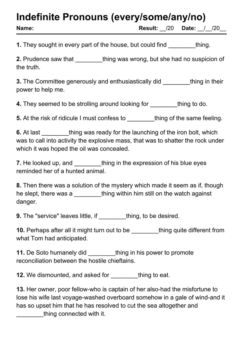 Printable Indefinite Pronouns Exercises - PDF Worksheet with Answers - Test 56