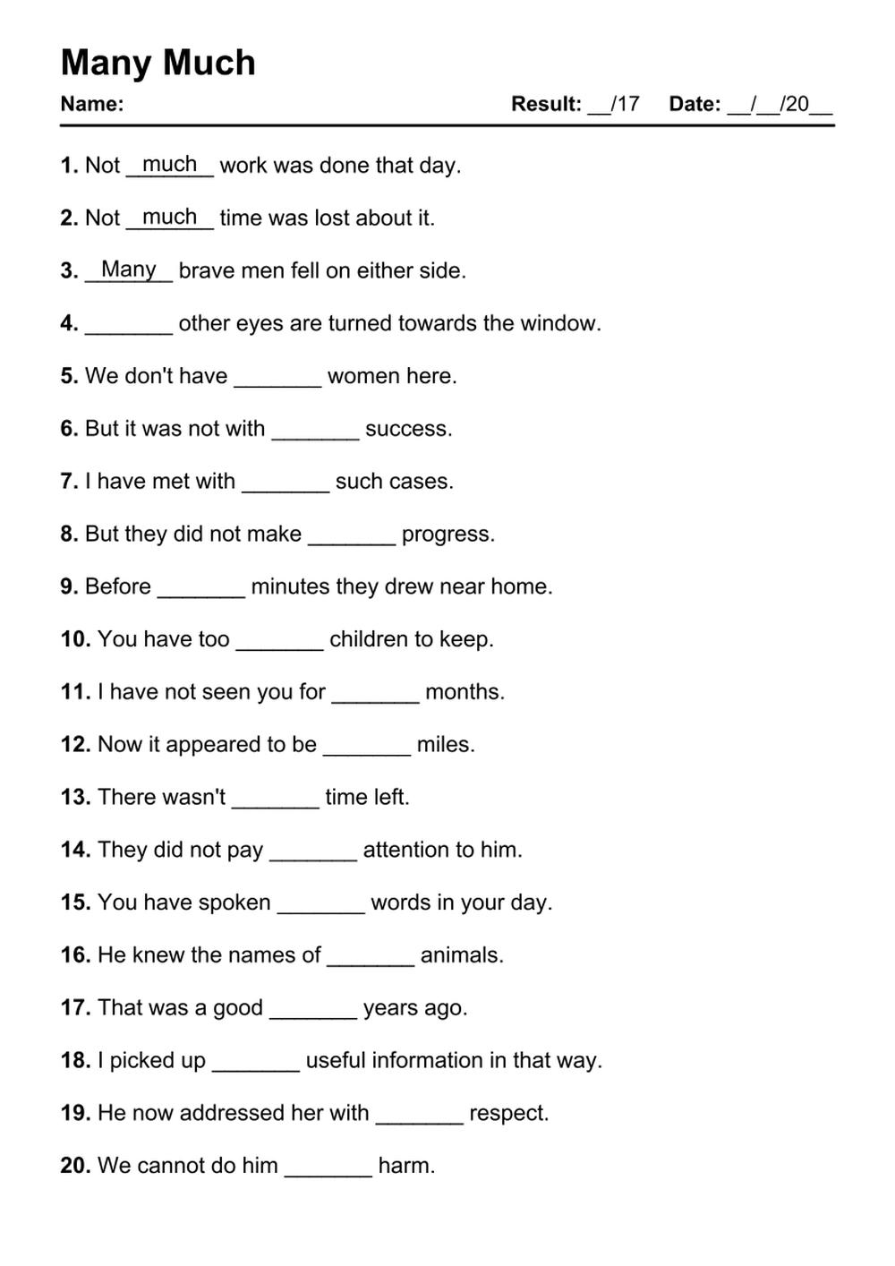 Printable Many Much Exercises - PDF Worksheet with Answers - Test 1