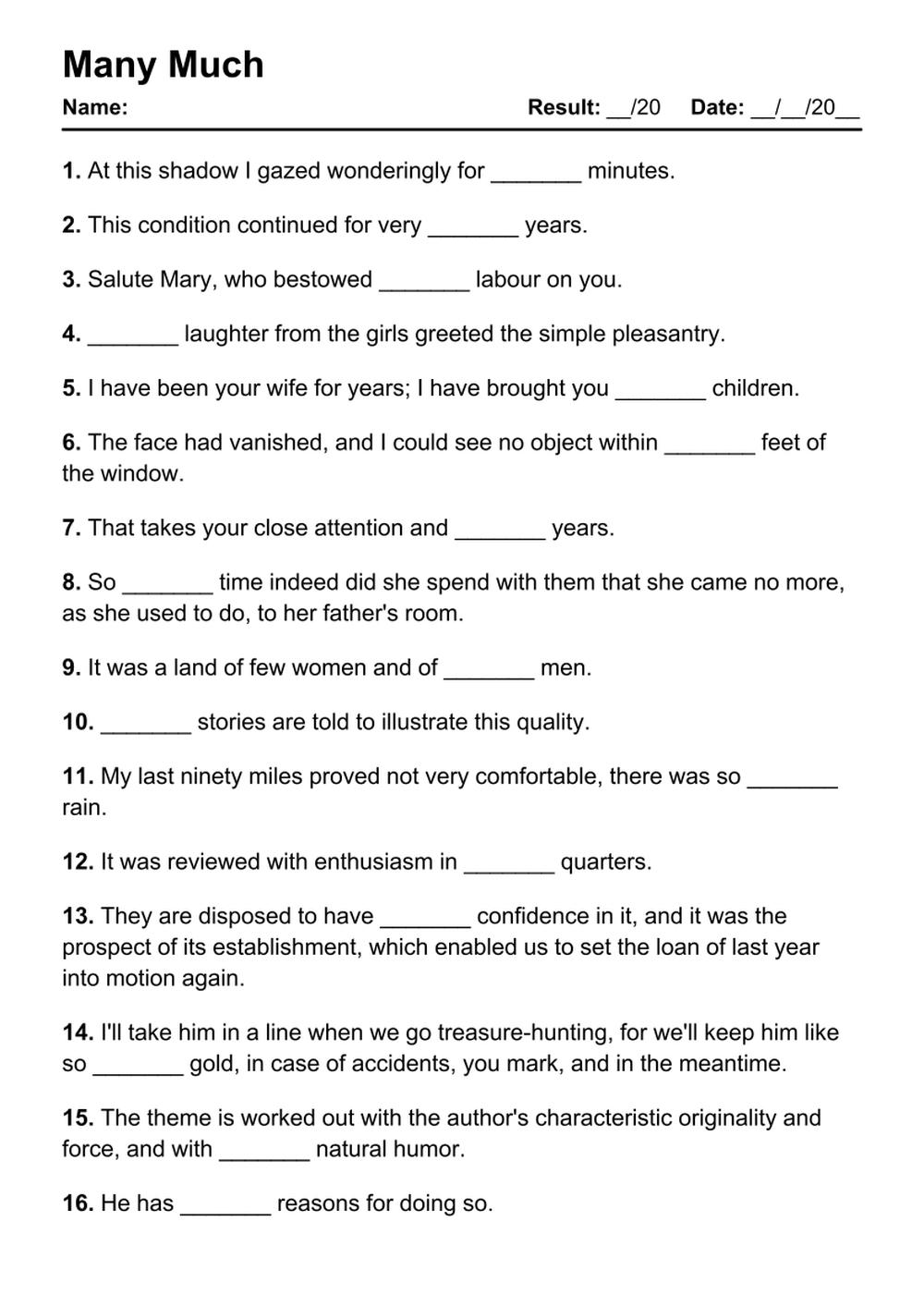 Printable Many Much Exercises - PDF Worksheet with Answers - Test 25
