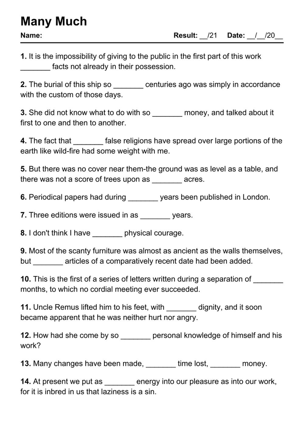 Printable Many Much Exercises - PDF Worksheet with Answers - Test 84