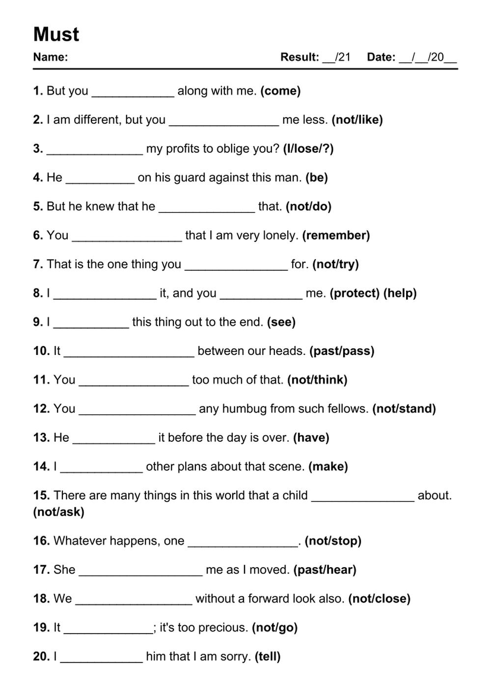 Printable Must Exercises - PDF Worksheet with Answers - Test 20