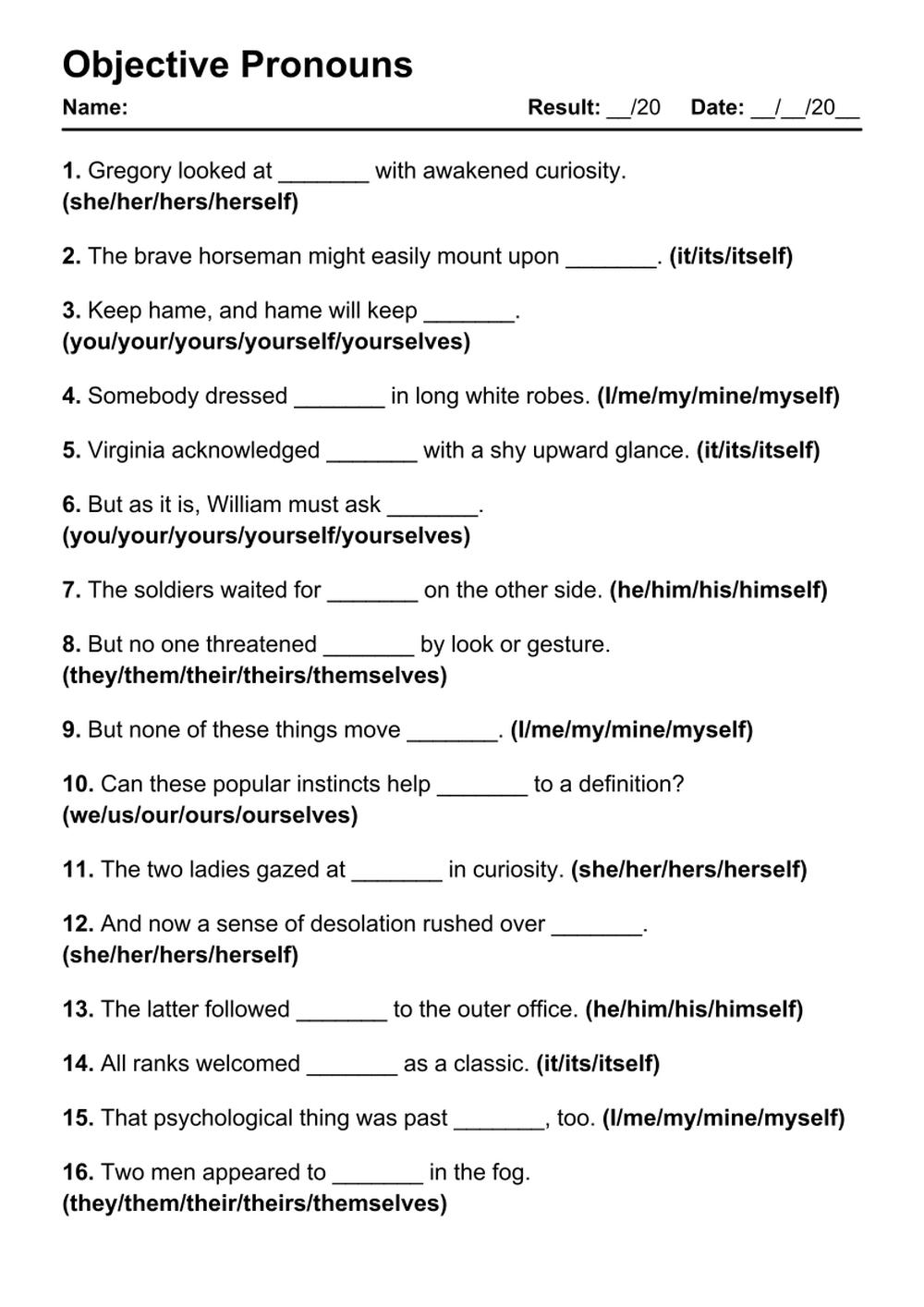 Printable Objective Pronouns Exercises - PDF Worksheet with Answers - Test 83