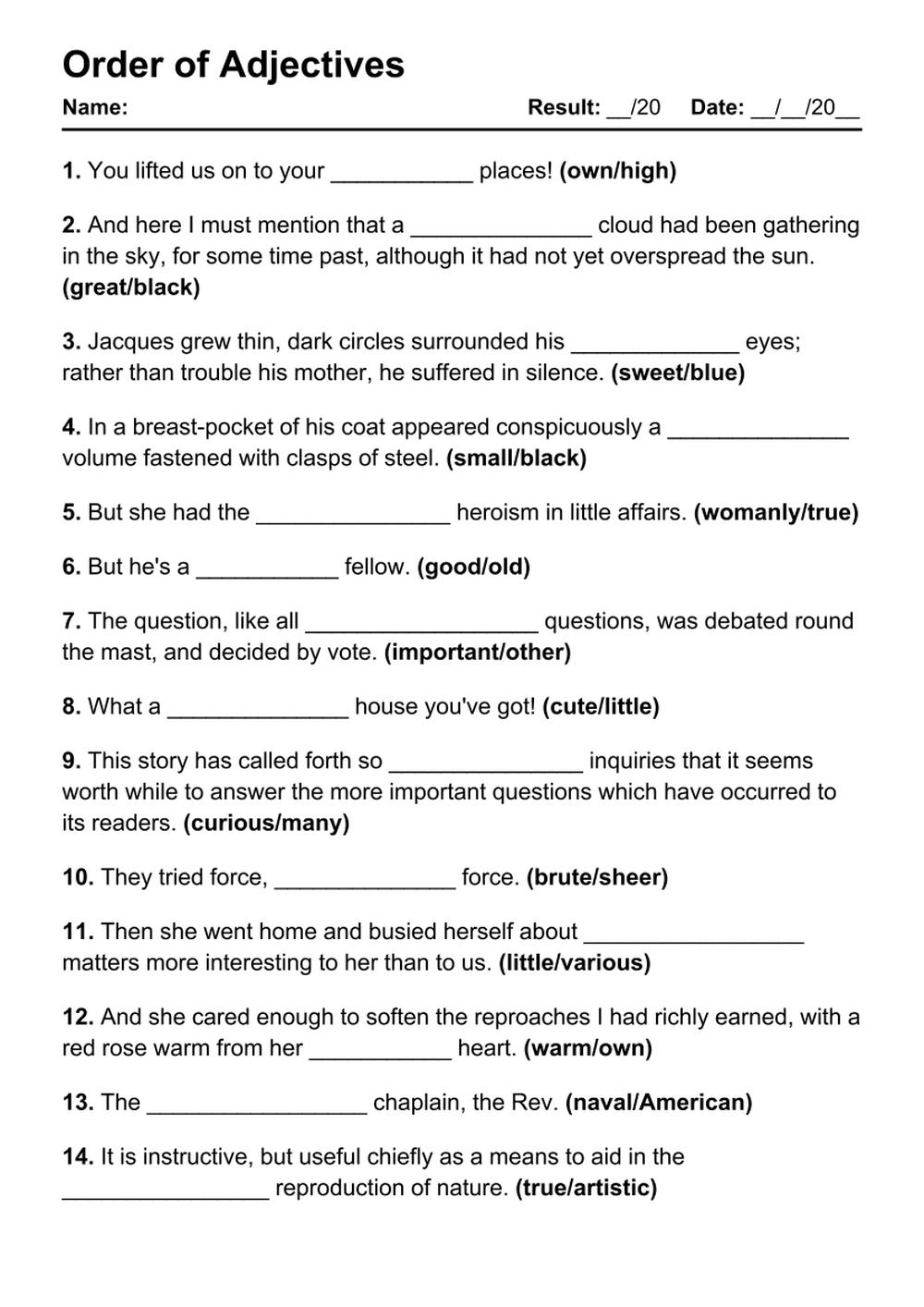 Printable Order of Adjectives Exercises - PDF Worksheet with Answers - Test 46