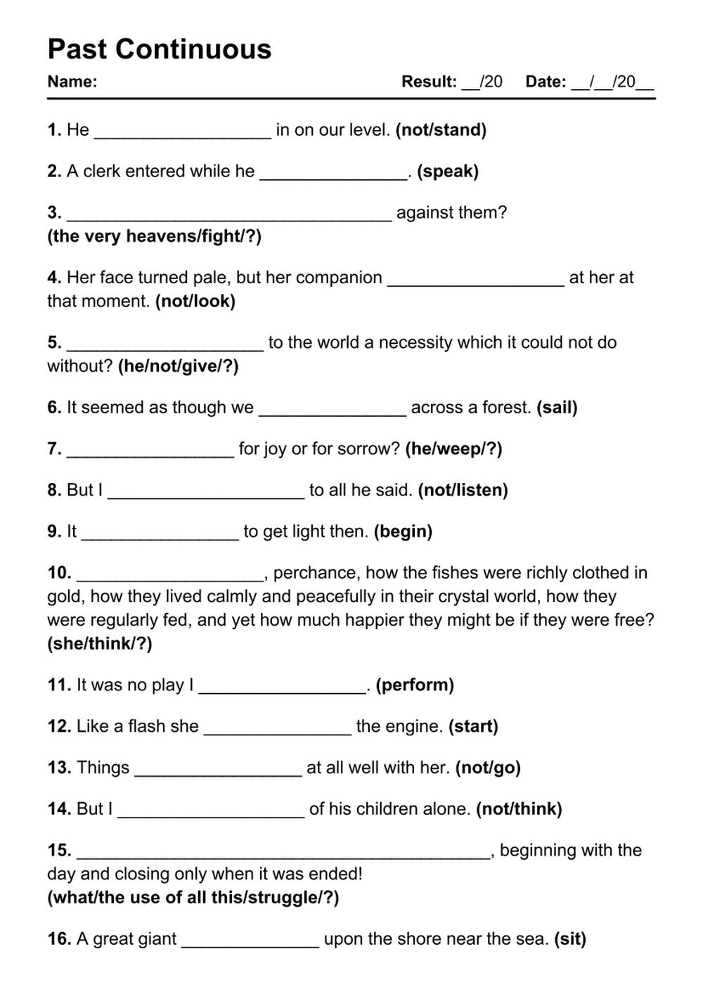 Printable Past Continuous Exercises - PDF Worksheet with Answers - Test 71
