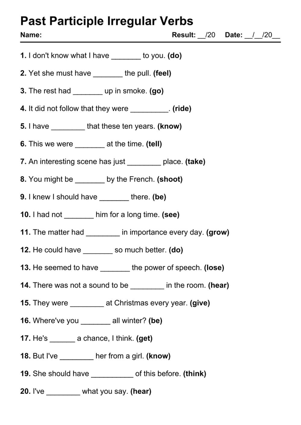 Printable Past Participle Irregular Exercises - PDF Worksheet with Answers - Test 59