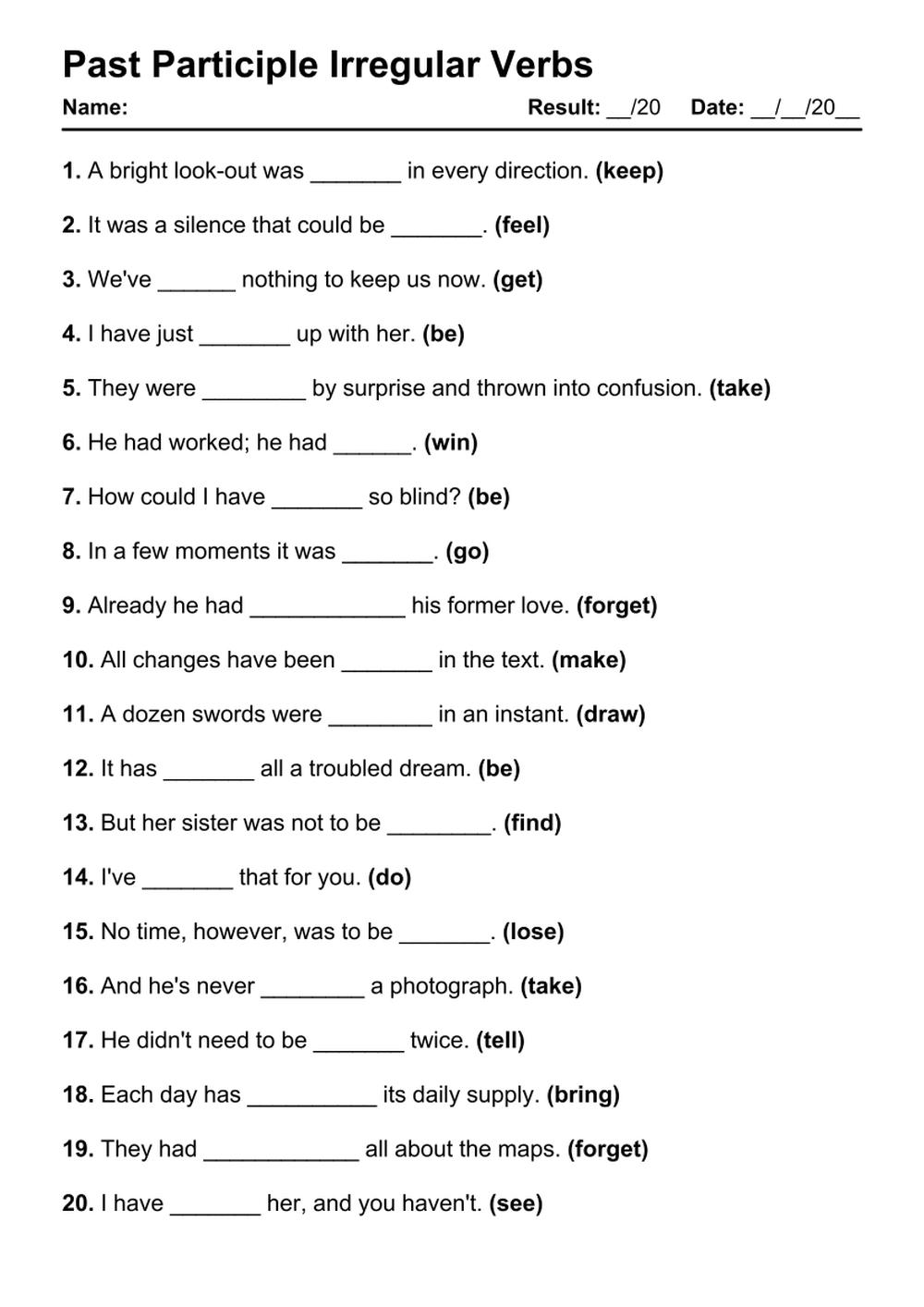 Printable Past Participle Irregular Exercises - PDF Worksheet with Answers - Test 90