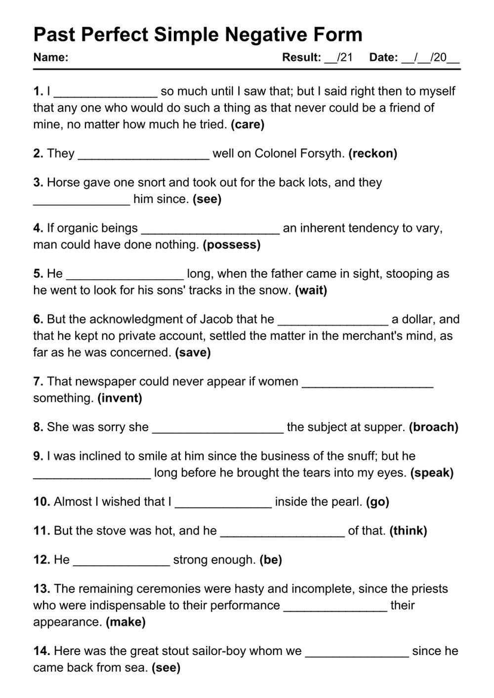 Printable Past Perfect Negative Exercises - PDF Worksheet with Answers - Test 66