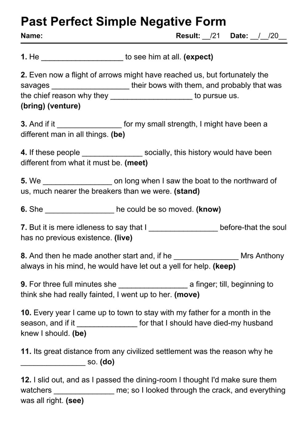 Printable Past Perfect Negative Exercises - PDF Worksheet with Answers - Test 83