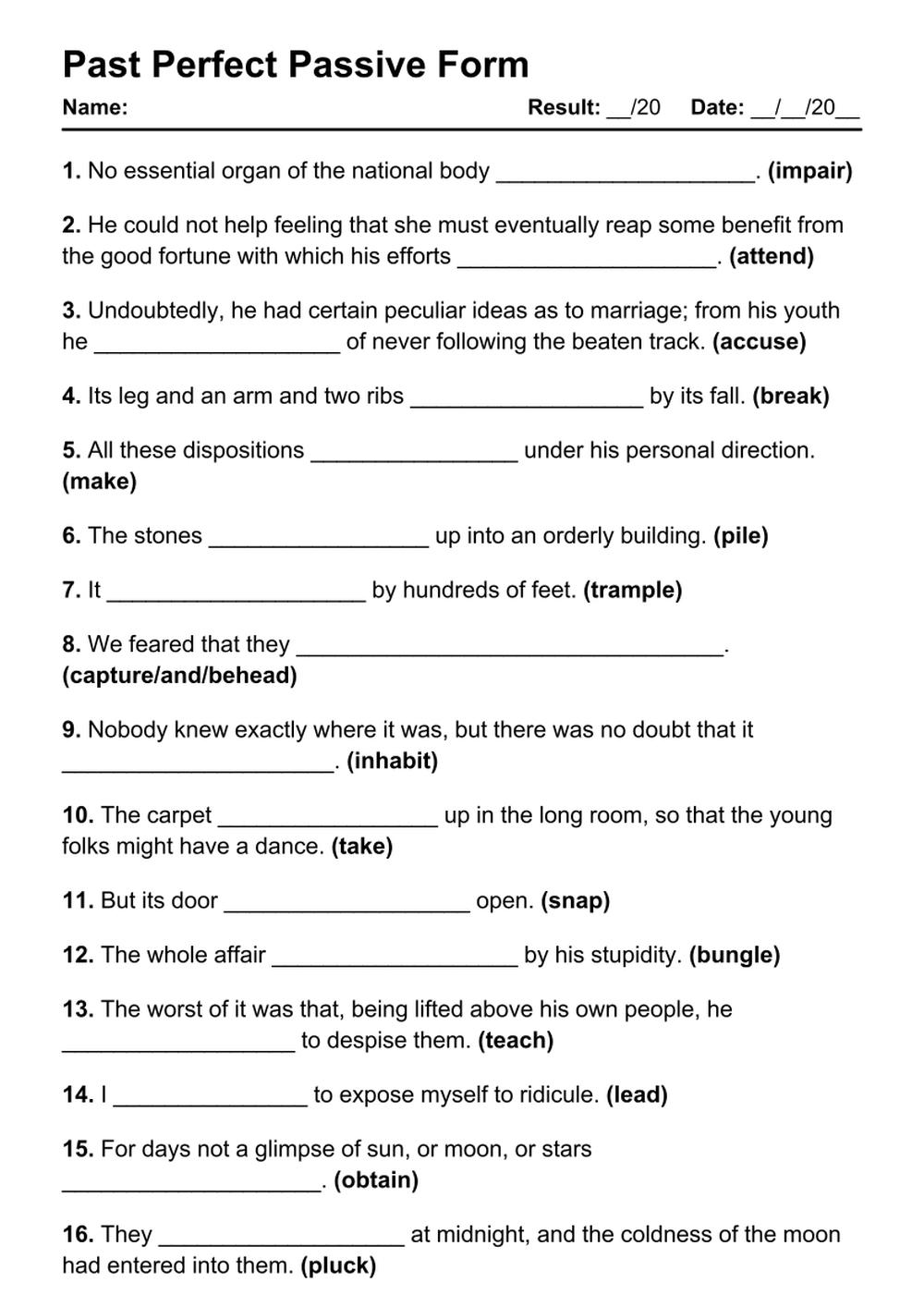 Printable Past Perfect Passive Exercises - PDF Worksheet with Answers - Test 66