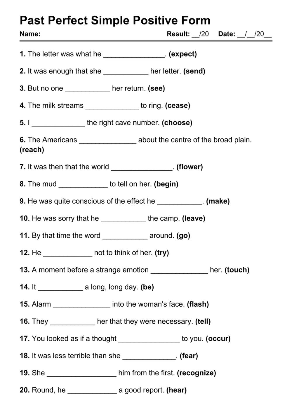 Printable Past Perfect Positive Exercises - PDF Worksheet with Answers - Test 30