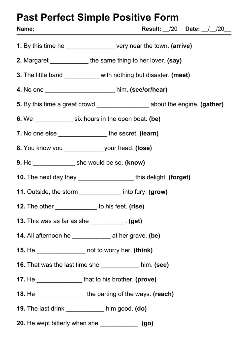 Printable Past Perfect Positive Exercises - PDF Worksheet with Answers - Test 42