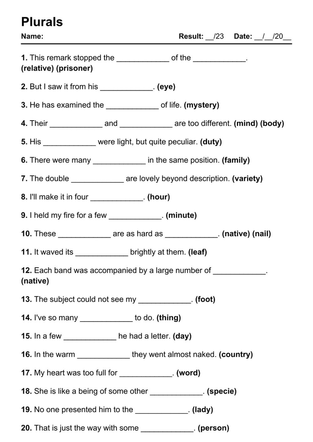 Printable Plurals Exercises - PDF Worksheet with Answers - Test 16