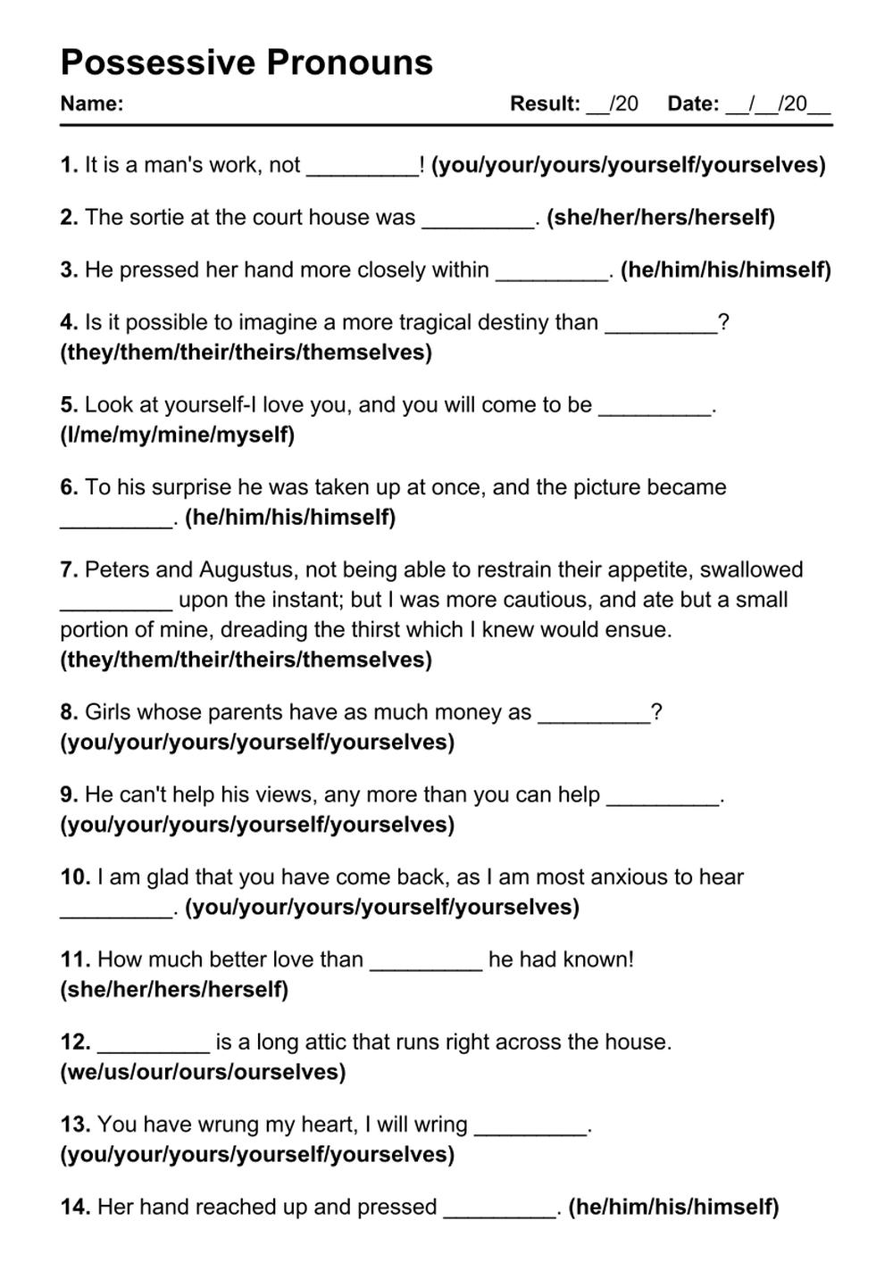 Printable Possessive Pronouns Exercises - PDF Worksheet with Answers - Test 48