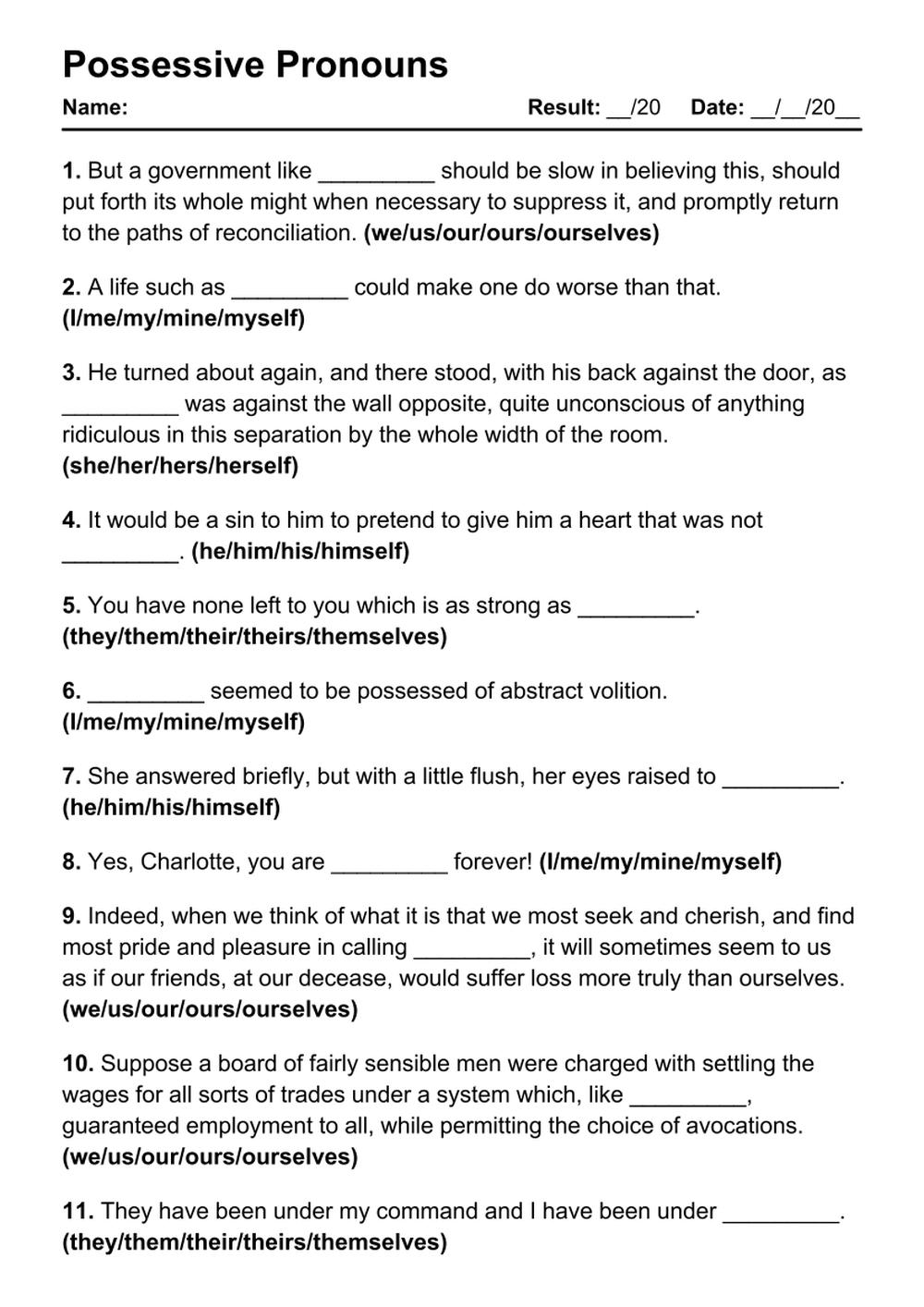 Printable Possessive Pronouns Exercises - PDF Worksheet with Answers - Test 87