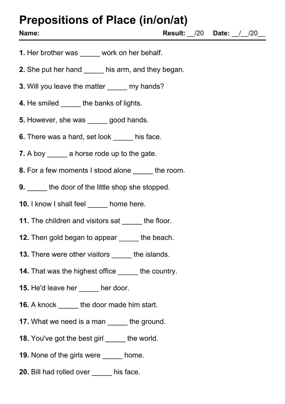 Printable Prepositions of Place Exercises - PDF Worksheet with Answers - Test 38