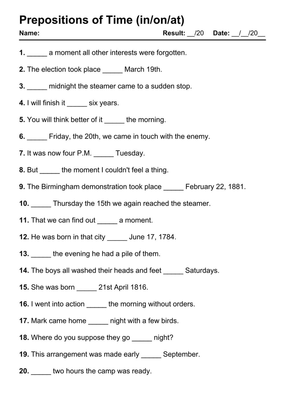 Printable Prepositions of Time Exercises - PDF Worksheet with Answers - Test 32