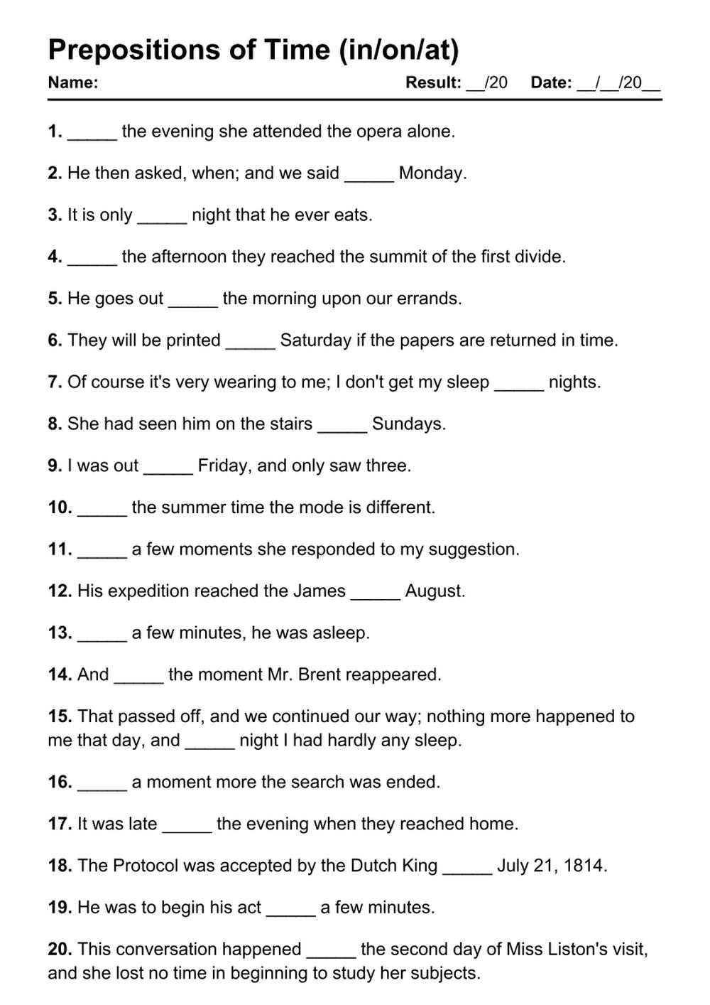 Printable Prepositions of Time Exercises - PDF Worksheet with Answers - Test 87