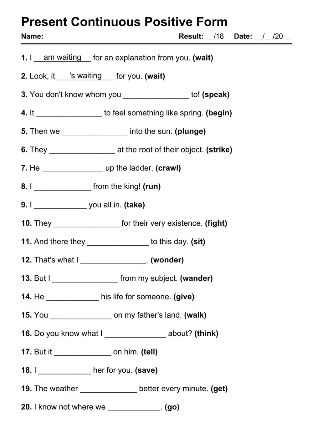 Present Continuous Positive Exercises PDF Worksheet with Answers - Test 2