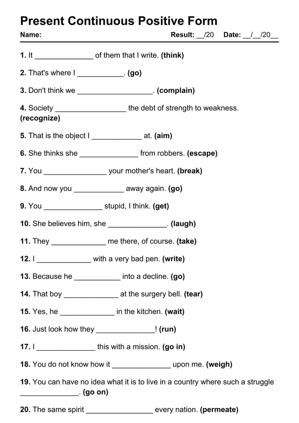 Printable Present Continuous Positive Exercises - PDF Worksheet with Answers - Test 27