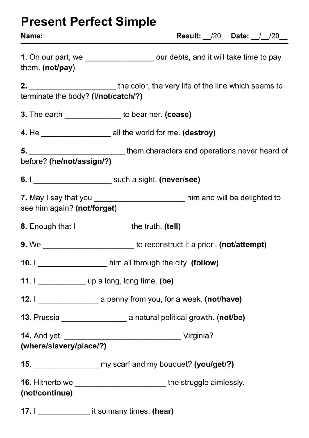 Printable Present Perfect Exercises - PDF Worksheet with Answers - Test 100