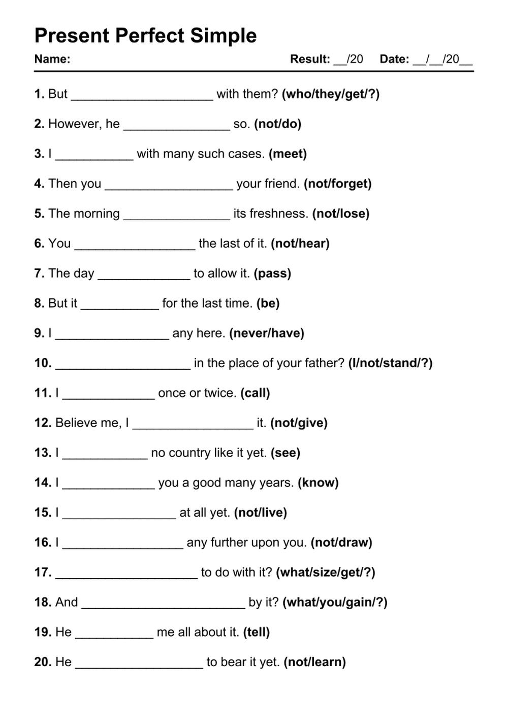 Printable Present Perfect Exercises - PDF Worksheet with Answers - Test 13